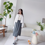 [HARPER] Minimalist Charm Elastic Waist Back Slit Skirt 2 Colors | Long Cotton [SKC60317G]
