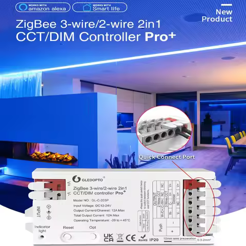 GL-C-203P 2 IN 1 CCT Dimmer ZigBee 3.0 Pro+ WWCW Controller 12A Max H/ue Alexa Homey Tuya Smart Life