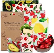 Reusable Beeswax Wrap, 4 Pack Eco-Friendly Beeswax Wraps For Food, Organic, Sustainable, Biodegradable, Zero Waste, Plastic-Free Food Storage, 1L Avocado, 1M Cherry, 1S Strawberry, 1XS Lemon Patterns