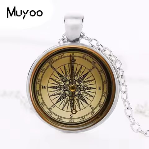 Steampunk compass Cabochon pendant art compass necklace jewelry glass dome bronze chain necklace pen