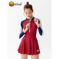 B.Duck泳衣女2024新款高級感遮肚顯瘦防曬大碼胖mm連體裙式游泳衣