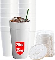 20 OZ Foam Cups With Lids for Hot & Cold Drinks, USA-Made 25-Pack. Ideal Styrofoam Coffee Cups, Insu