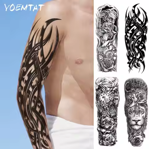 Large Full Arm Sleeve Waterproof Temporary Tattoo Sticker Leopard Flower Dove Of Peace Clock Thorn F