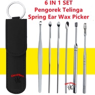 6 IN 1 SET Pengorek Telinga Spring Ear Wax Picker Stainless Steels Earpick Ear Cleaner Tool Ear Clea