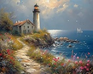 XTXGERL Paint by Numbers, Vintage Seaside with Lighthouse, Adult Crafts Adult Paint by Number Kits, 