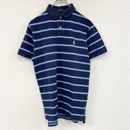 POLO RALPH LAUREN Ralph Lauren 短袖 Polo 衫，飾有品牌標誌刺繡，條紋圖案，海軍藍，M 碼，古著