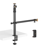 Camera Desk Mount with Auxiliary Holding Arm, Overhead Camera Mount with 360° Ballhead and Phone Gri