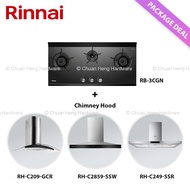 Rinnai RB-3CGN 3 Burner Inner Flame Glass Hob + Chimney Hood (RH-C209-GCR, RH-C2859-SSW, RH-C249-SSR, RH-C91A-SSVR, RH-C1059-PBR) Package Deal