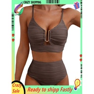 Women'S 2 Piece Set U-Wire Cutout Swimsuit High Waisted Textured Beach Swim Bathing Suits Coffee M