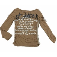 Grunge Brown Scrunched Graphic y2k Longsleeve Top | Distressed font quote Unfinished hem rock punk g