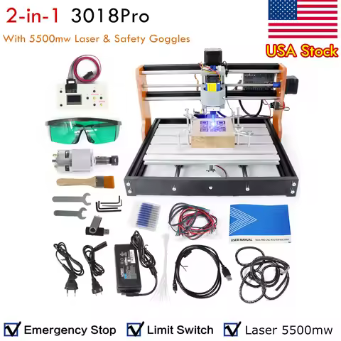 【USA Stock】3 Axis Upgrade 3018 Pro CNC Router Machine Kit,with Limit Switches & Emergency Stop,3018-