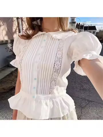 Summer French New Women White Ruffled Short Sleeved Shirt Lace Embroidery Pleated Ladies Peter Pan C