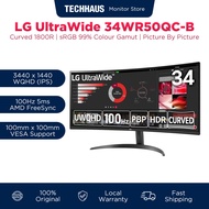 LG UltraWide 34WR50QC-B 34" QHD VA 100Hz FreeSync Curved Monitor | sRGB 99% Colour Gamut | HDR10 | PBP | OnScreen Control | Reader Mode | DAS