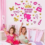 Princess Wall Decals for Girls Bedroom Pink and Gold Acrylic Mirror Wall Stickers Peel and Stick Wall Mural Crown Love Bow Mirror Wall Decor for Kids Baby Nursery Living Room Bathroom Decorations
