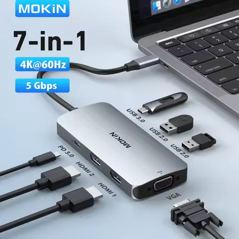 MOKiN 7 in 1 USB C Hub,Type C to Dual HDMI Hub,USB Hub Adapter Monitor with VGA,100W PD,USB2.0,for D