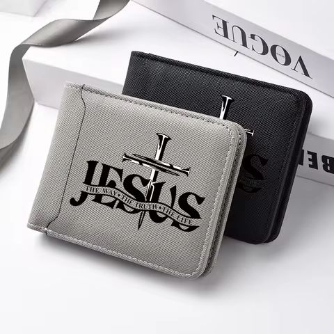 Men's Leather Simple Double-sided Wallet, Short Style, Casual Jesus Pattern, Thin Card Case, Men's M