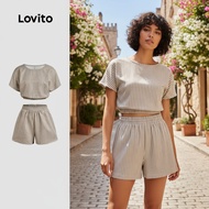 Lovito Women's Elegant Side Stripe Light Khaki Shorts for Spring/Summer L143ED539