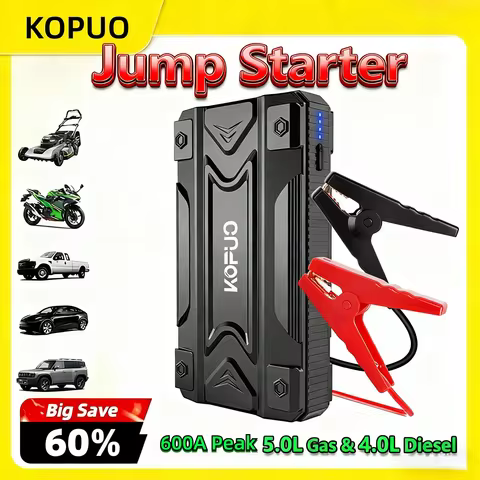 600A Lightweight Car Jump Starter 12V Auto Battery Booster for 5.0L Gas & 4.0L Diesel, USB QC & LED 