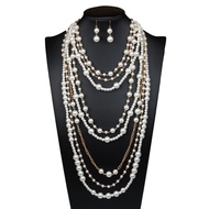 CICI Imitation Pearl Pearl Choker Multi-layer Pearl White Necklace Earrings Jewelry Set Choker Neckl