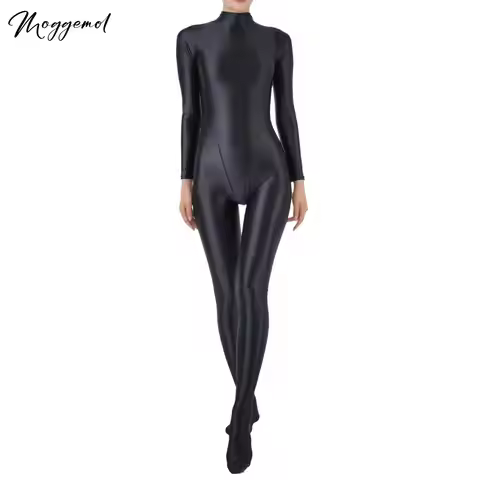 Womens Glossy Full Body Bodysuit Bodystocking Long Sleeve One Piece Bodycon Club Jumpsuit Tights Pan