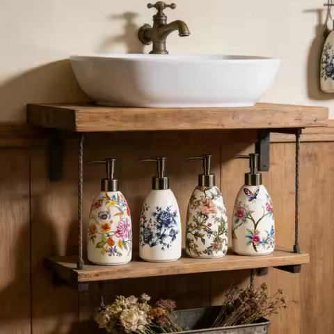 Vintage Flower Pattern Ceramic Hand Sanitizer Bottle Hand Press Soap Dispenser Leakproof Reusable fo