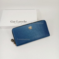 Guy Laroche กระเป๋าสตางค์ผู้หญิงใบยาว ซิปรอบ สีน้ำเงินอมฟ้า หนังลาย อะไหล่สีทอง หนังแท้