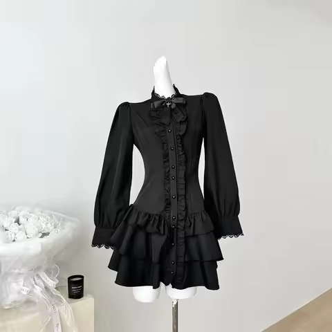 IMU Gothic Vintage Lace Y2k Mini Dress Women Design Streetwear Black Lolita Slim Dress Long Sleeve E