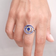 藍寶石螺旋求婚訂婚鑽石戒指套裝 14k白金圓環新娘結婚2合1指環