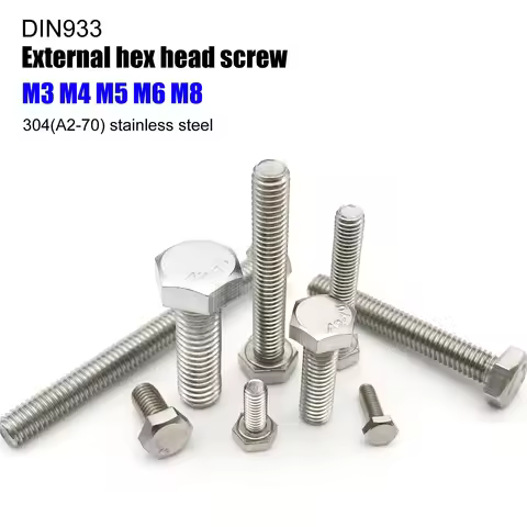 M3 M4 M5 M6 M8 A2-70 304 Stainless Steel DIN933 External Hex Screw Outer Hexagon Head Bolt Length 6-