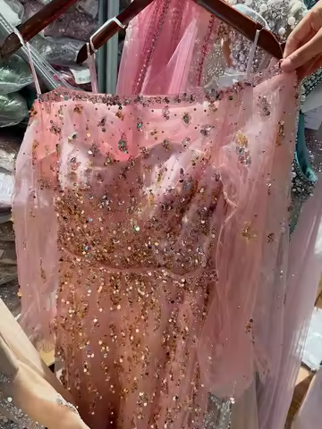 Serene Hill 2026 Pink Off Shoulder A-Line Beaded Evening Dress with Long Sleeves Formal Party Gown f