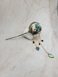 手工繞線 天河石球 月亮型 黑色 髮簪