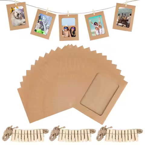 30pcs 4x6" brown cardboard photo frames w/ wooden clips & hemp ropes - perfect for wall decor & disp