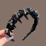 Glamorous Black Crystal Headband with Classy Spikes Fabric Woven Headband for Women Trendy Hair Acce