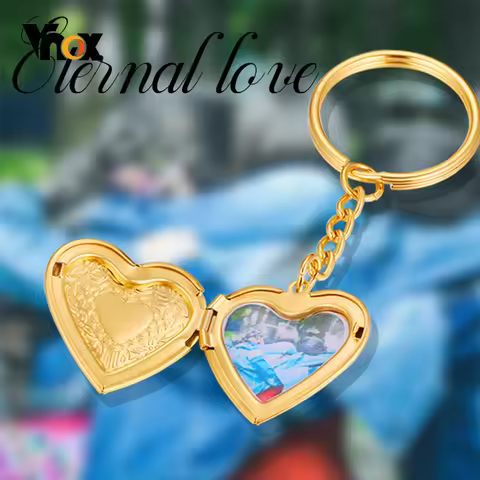 Vnox Photo Customized Key Chain, Stainless Steel Heart Charm Image Insert Locket Keychain,Casual Rom