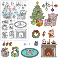 1Sheet Christmas Themed Pattern Clear Stamps Christmas Tree/Fireplace/Gift/Christmas Stocking/Cat Pattern Clear Rubber Stamps for Paper Card Photo Album Crafting Supplies