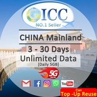 ICC_China Mainland 3-30 Days Unlimited Data SIM Card (Can top up & Reuse)China Mobile network|China 