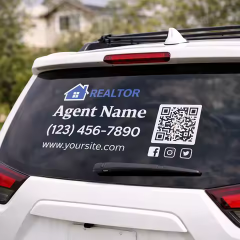 Custom UV Printed Realtor Car Window Sticker Real Estate Agent Logo QR Code Decal for Vehicle Glass 