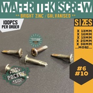 Titan Steel - 100pcs - #6 #10 Wafer Tek Screw / Wafer Teks (Bright Zinc / Galvanised) (aka Job Screw