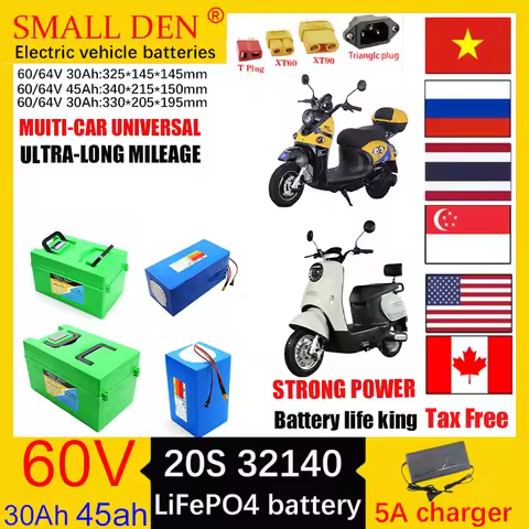 60V/64V 30Ah 45Ah LiFePo4 Battery Rechargeable Battery Pack 32140 20S2P-3P Built in BMS 3200W Motor 