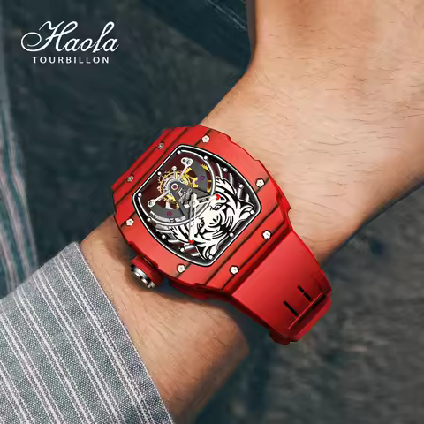 Haofa Tiger Luminous Manual Flying Tourbillon Mechanical Watch for Men Luxury Skeleton Sapphire Carb