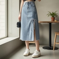 Lovito Women's Casual Blue Washed Front Split Pocket Denim Skirt L183ED046 Lovito Skirt Denim Poket 