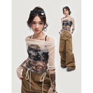 y2k y2k Women's Clothing Translucent Tops Hot Girls American Thin Pullover Blouse Printed Long-Sleev