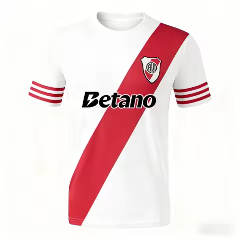Unisex Crew Neck Football Uniform White Red Diagonal Panel Sleeve Triple Stripe Design Front Emblem 