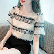 [Little Cute Women's Clothing] Short-Sleeved T-Shirt Striped Lace Korean Version Loose Round Neck T-Shirt Top Women