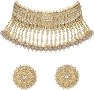 18K Gold Plated Indian Wedding Bollywood Kundan &amp; Pearl Studded Choker Necklace Jewellery Set For Women/Girls (K7210)