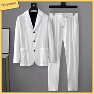 Fairystore| 1 Set Autumn Men Blazer Pants Stripe Pleats Jacket Drawstring Pants Casual Suit for Wedding