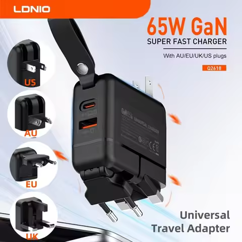 LDNIO GaN 65W Fast Charger Type C Universal Travel Adapter With US EU UK AUS Plug All-in-One Portabl
