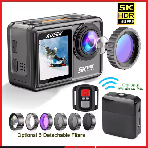 AUSEK S81TRW Action Camera 5K 4K60FPS 48MP DVR EIS With Optional Filters 5X Zoom 1080P Webcam Vlog W