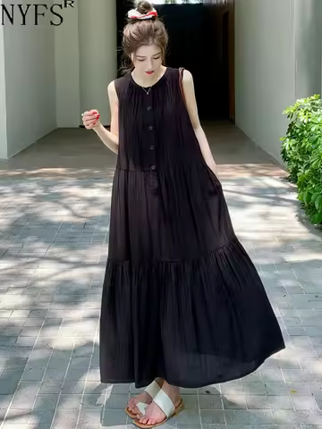 NYFS 2024 Summer New Korea Woman Dress Vestidos Robe Elbise Loose Plus Size Sleeveless Vest Long Dre
