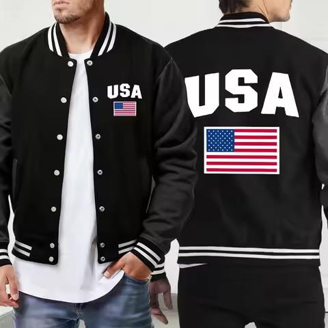 USA Flag Printing Mens Casual Loose American Jacket Retro Oversized Baseball Jersey Sports Button Me